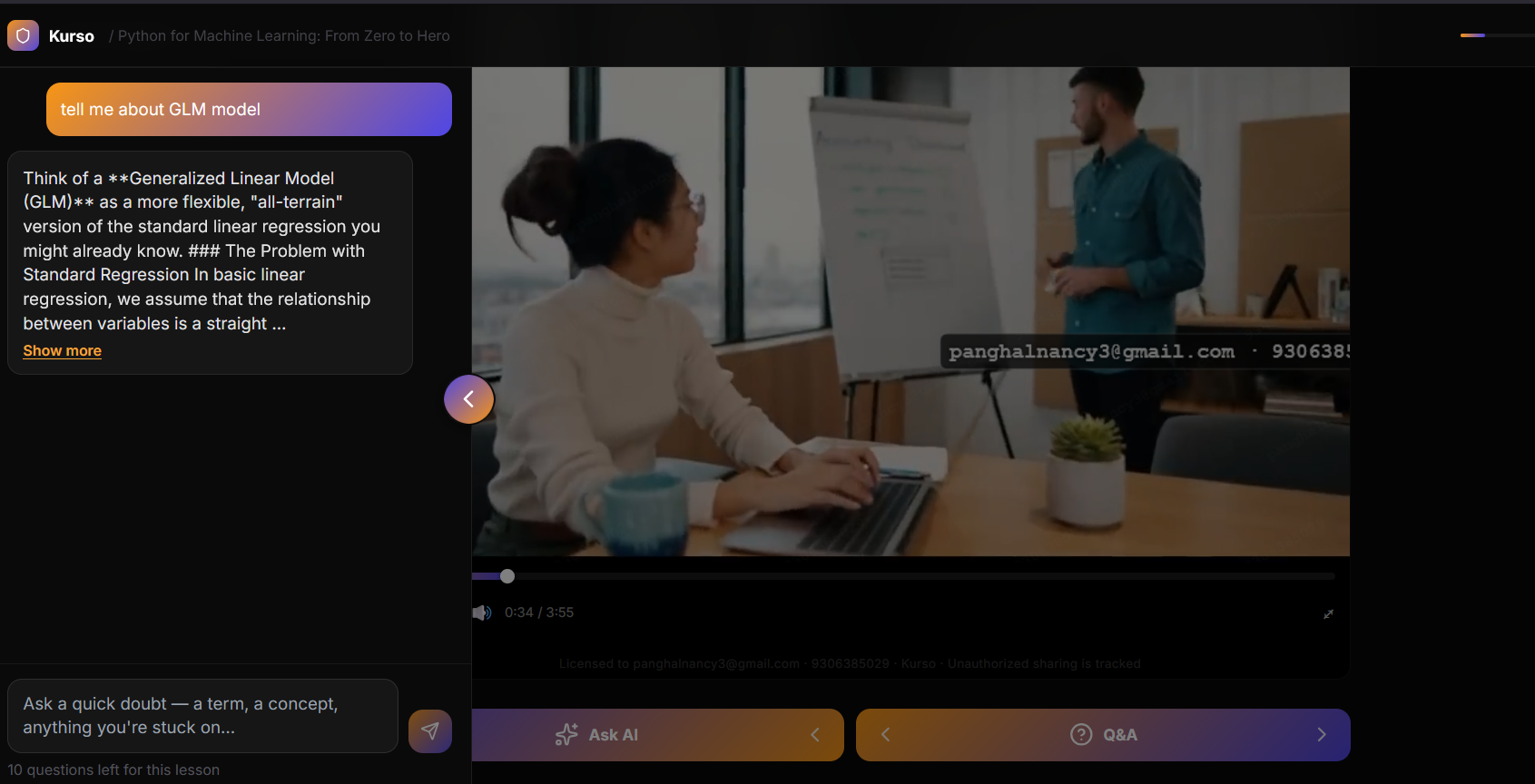 Video lesson preview and AI chatbot